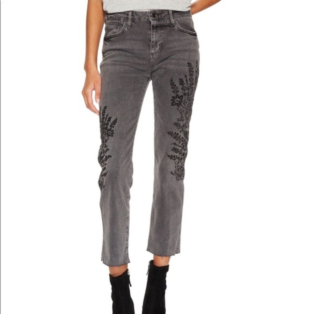 We The Free Embroidered Floral Denim Pants Raw Hem Gray / Black Size 27 Jeans‎